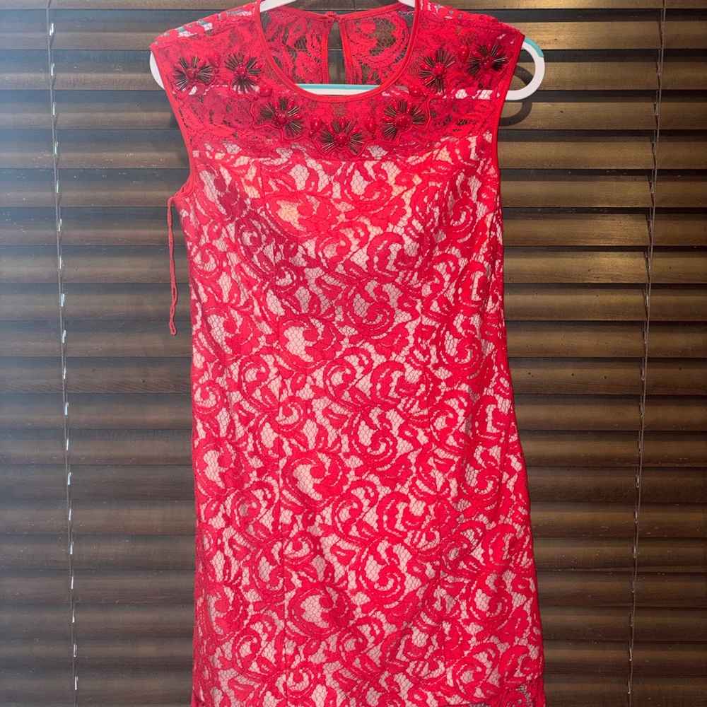 Adrianna Papell Red Lace Mini Dress with Floral Beaded Yoke